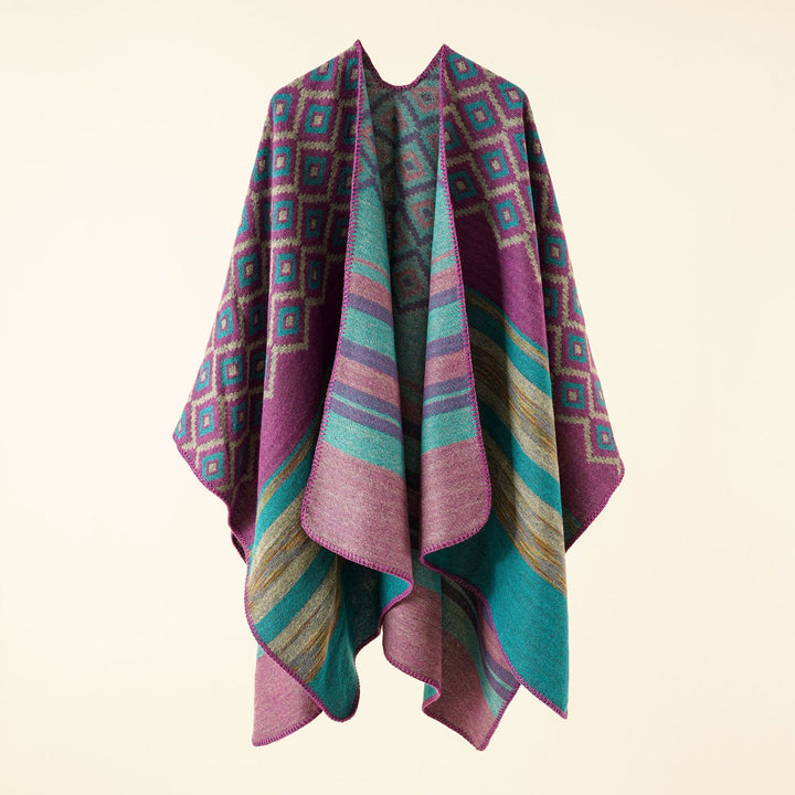 Damen Wollmix-Cape mit reversibler Double-Face-Webung und geometrischem Blockmuster Drune