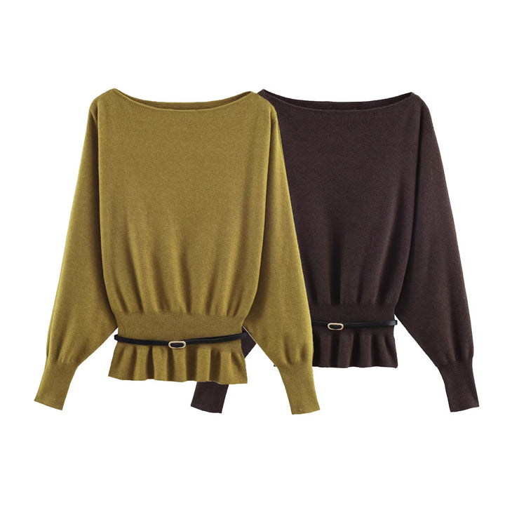 Damen Oversize-Strickpullover mit U-Boot-Ausschnitt, Fledermausärmeln, gerafftem Rippbund und Taillengürtel Drune