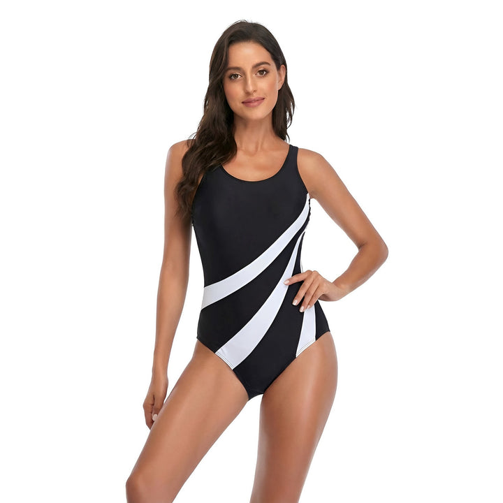Damen Sportlicher Einteiler Badeanzug mit modischen Linien Drune