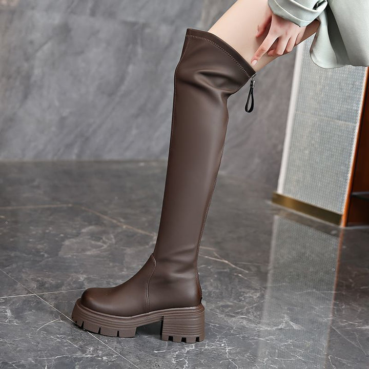 Damen Overknee-Stiefel mit robustem Blockabsatz und elastischem Schaft Drune
