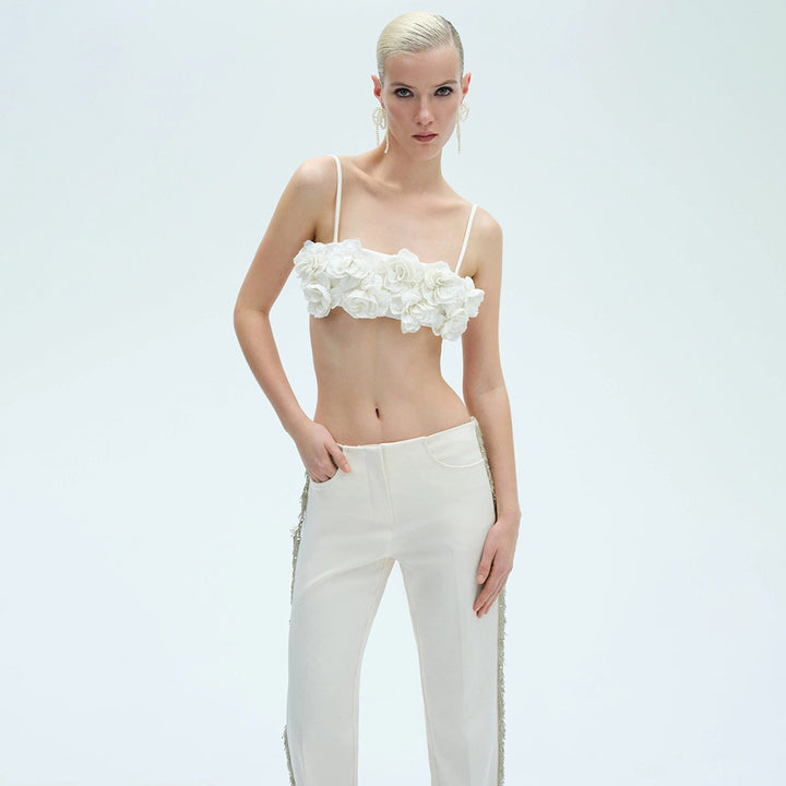 Damen elegantes Oberteil mit floralen Applikationen und schmalem Hosenanzug Drune