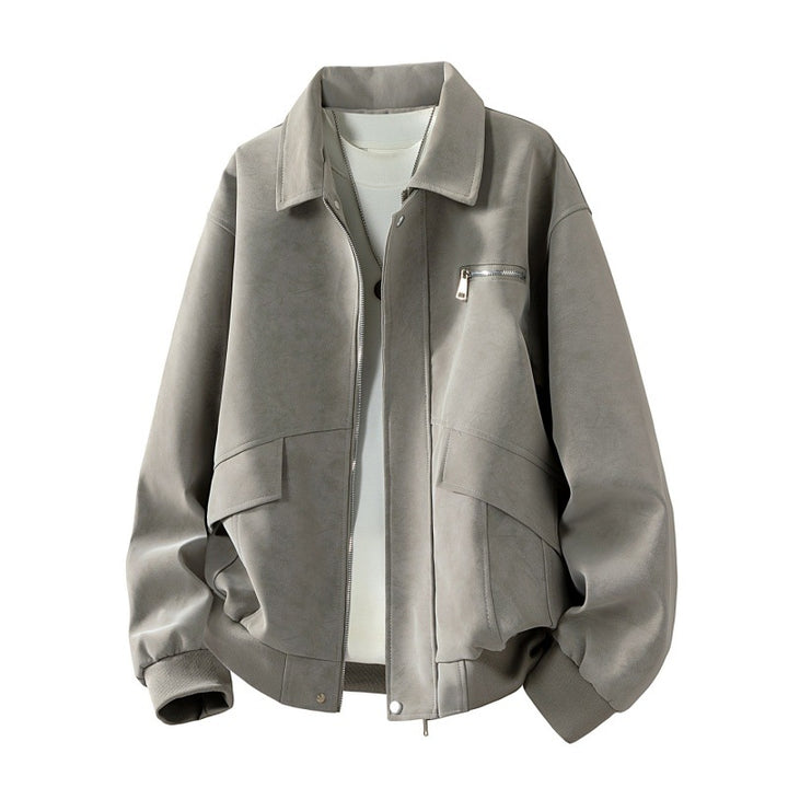 Herren Boxy-Blousonjacke im Veloursleder‑Look mit Brustreißverschluss, Pattentaschen & geripptem Saum Drune