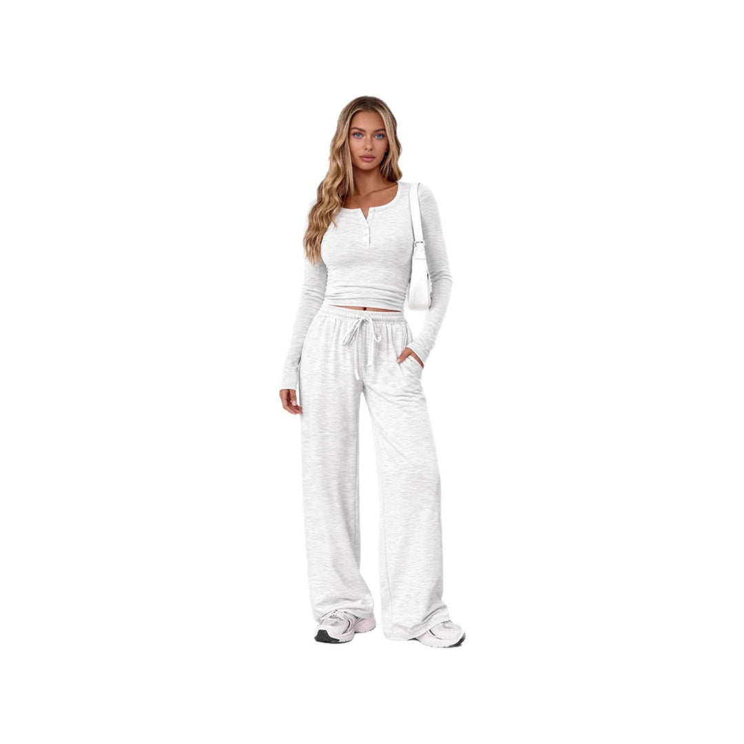Damen nan Lounge-Set aus Feinstrick mit Henley-Oberteil und weiten Palazzo-Hosen Drune