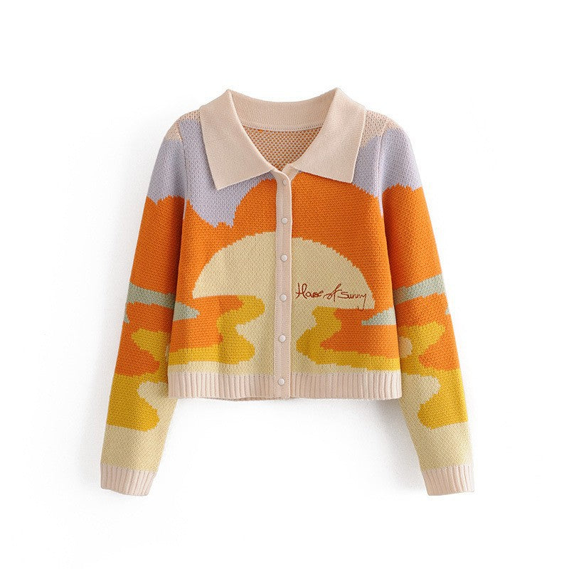 Damen modische Strickjacke mit kreativem Farbverlauf und Kragen Drune