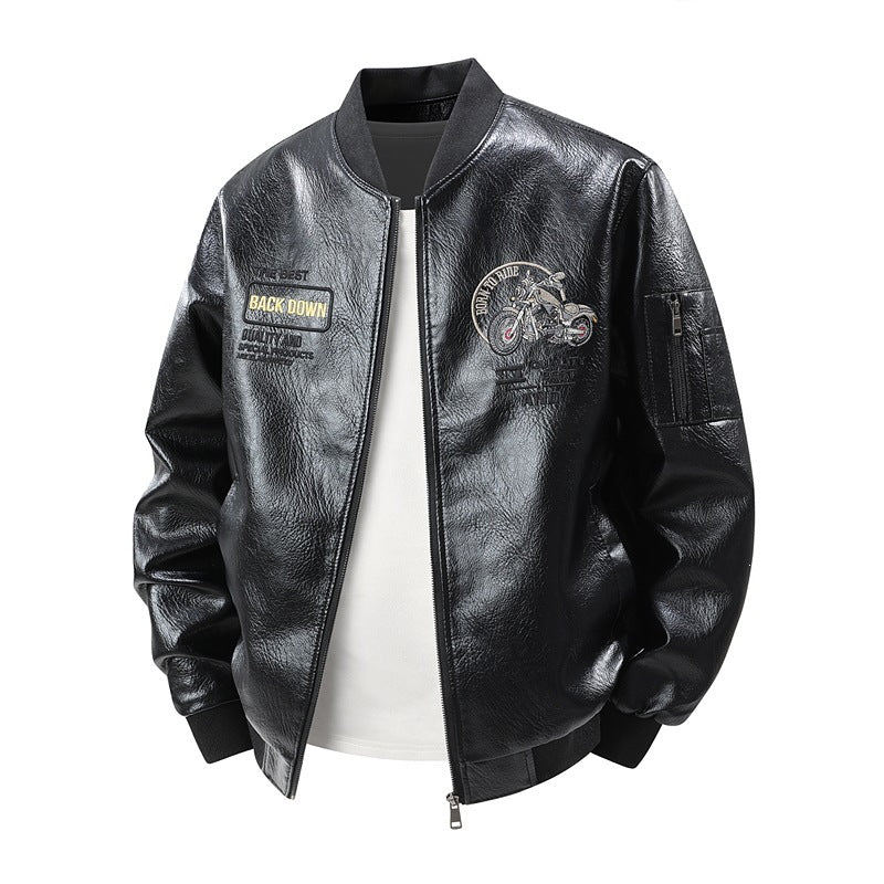 Herren Modische Kunstleder-Bomberjacke mit detaillierten Stickereien Drune