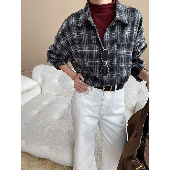 Damen kariertes Hemd im modernen Oversized-Schnitt mit Brusttasche Drune