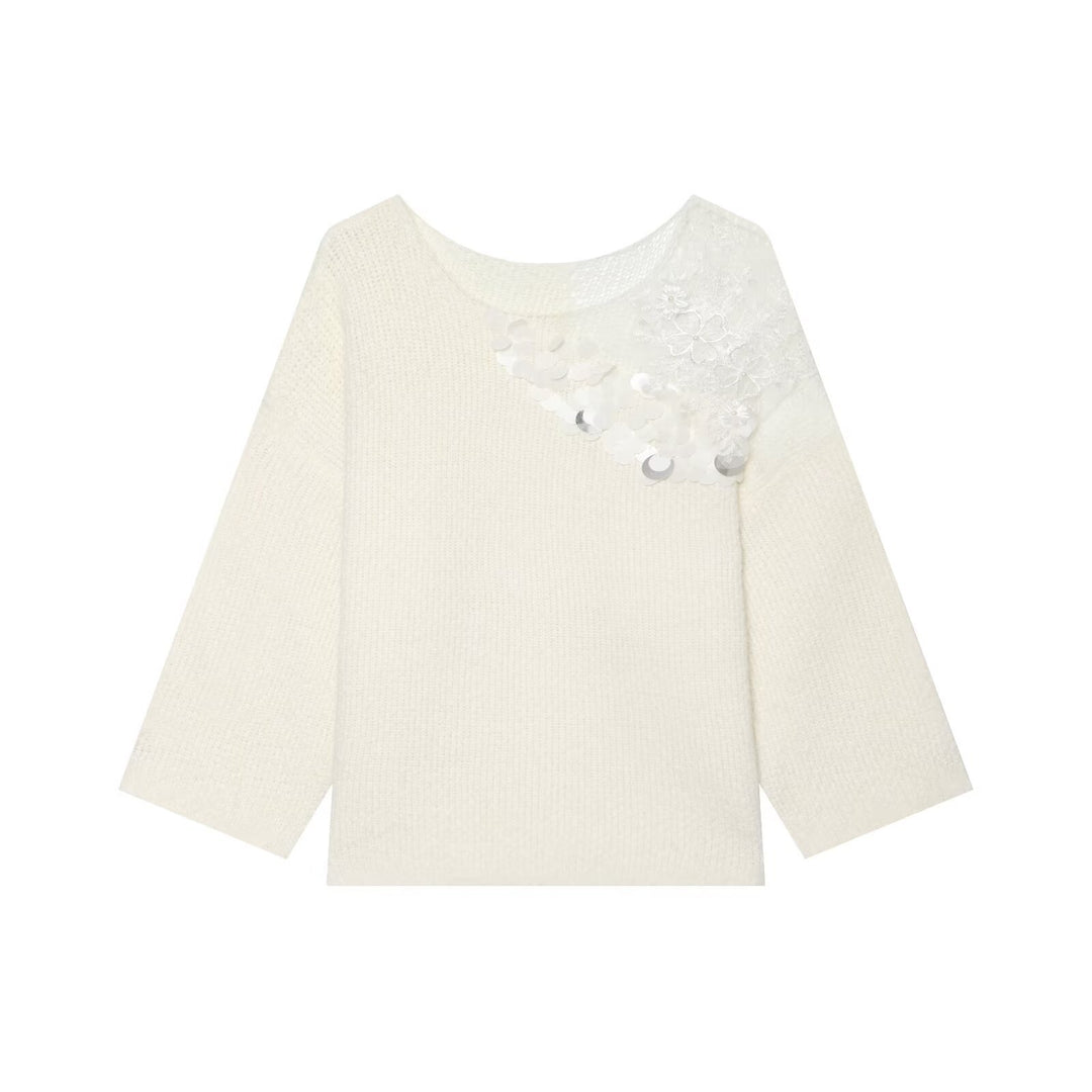 Damen Grobstrick-Pullover mit Rundhalsausschnitt, 3/4-Ärmeln und Pailletten‑Spitzenapplikation Drune