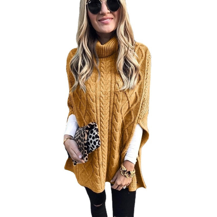 Damen nan kastiger Strickponcho mit hohem Rollkragen, Zopfstruktur und seitlichen Schlitzen Drune