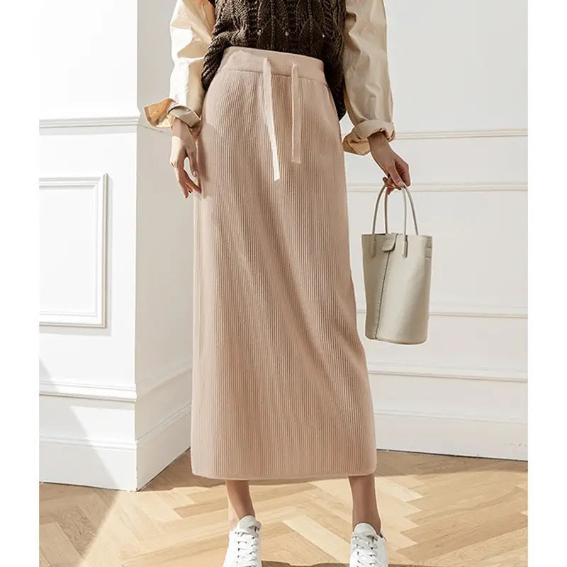 Damen Eleganter Rippstrick-Midirock mit Bindegürtel Drune