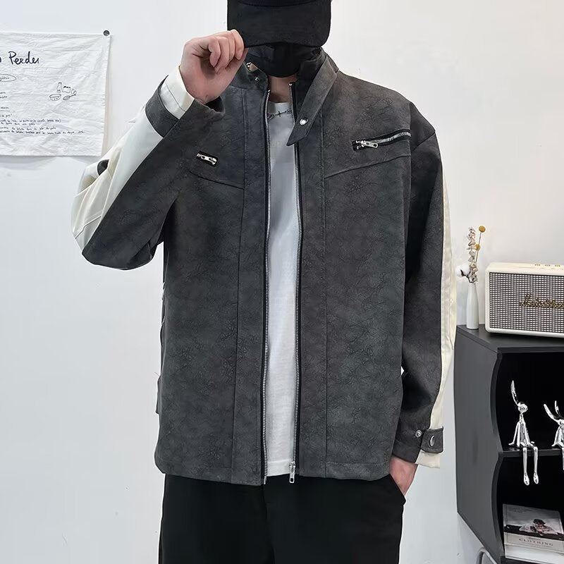 Herren Kontrastärmeliges Oversized Kunstleder-Utility-Jacke mit Stehkragen Drune