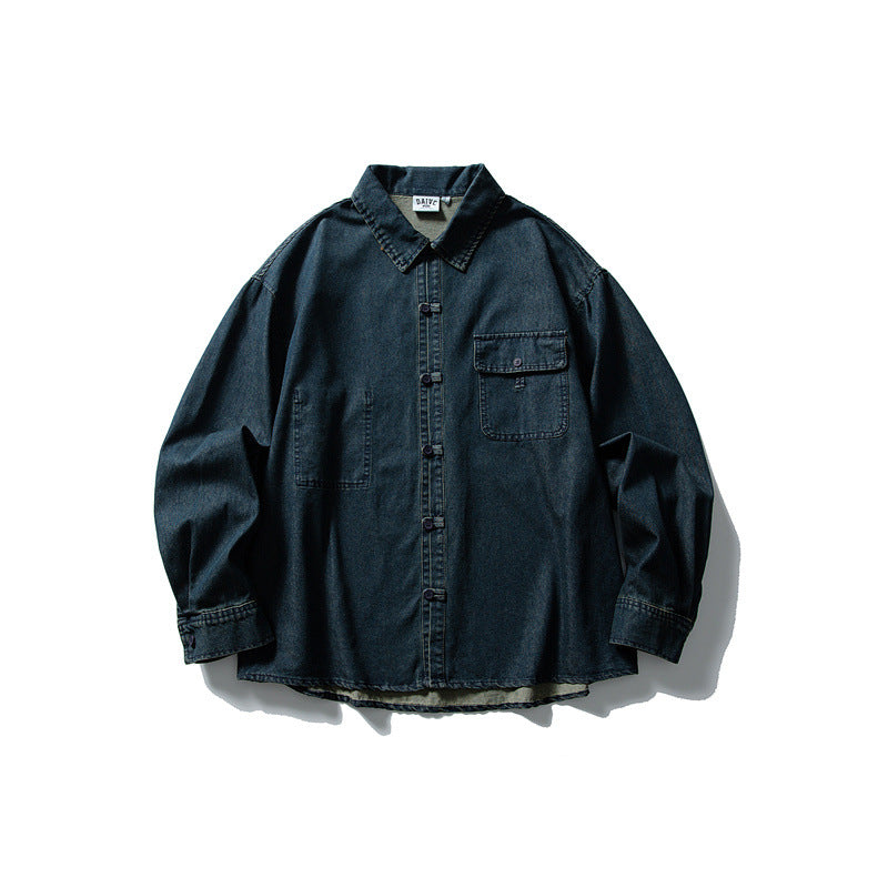 Herren Oversized Denim‑Hemdjacke mit traditionellen Knotenknöpfen Drune