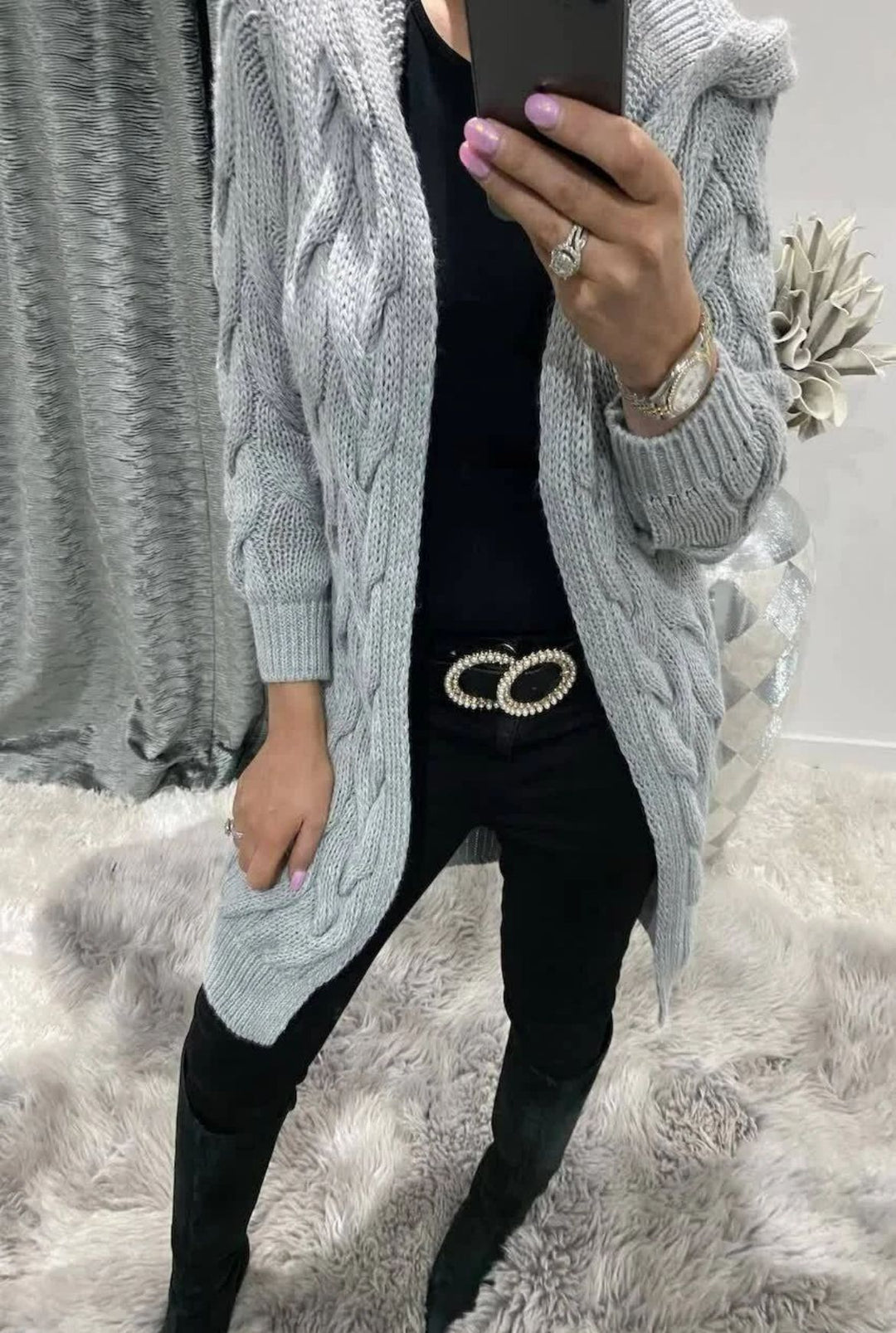 Damen Strickmantel mit praktischem Kapuzendesign Drune