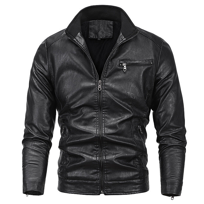 Herren Slim-Fit Kunstlederblouson mit Stehkragen und Reißverschlusstaschen Drune
