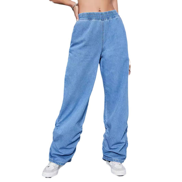 Damen Weite Denim-Hose mit elastischem Bund und gerafften Säumen Drune