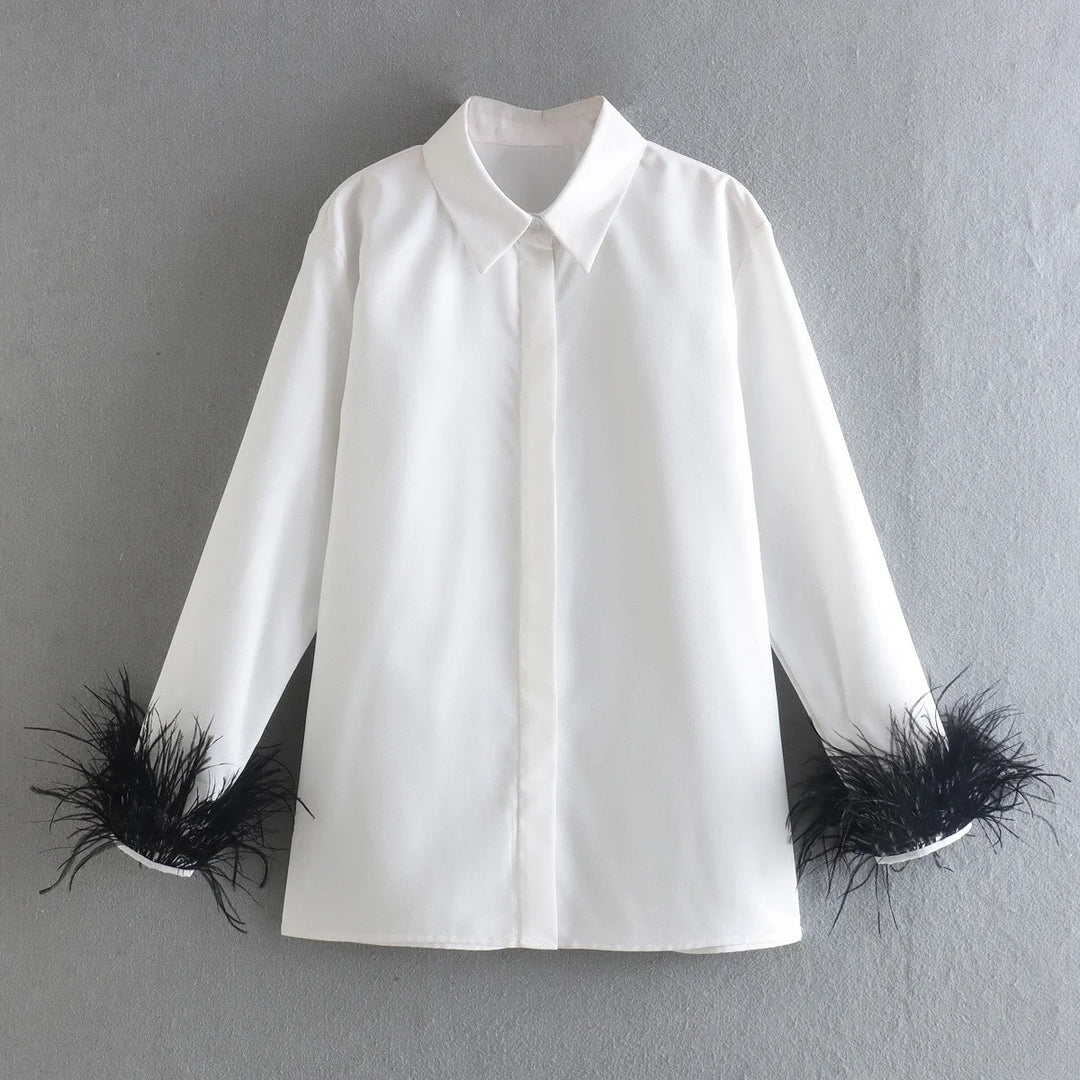 Damen Elegante Baumwollbluse mit Federbesatz an Manschetten und klassischem Hemdkragen Drune