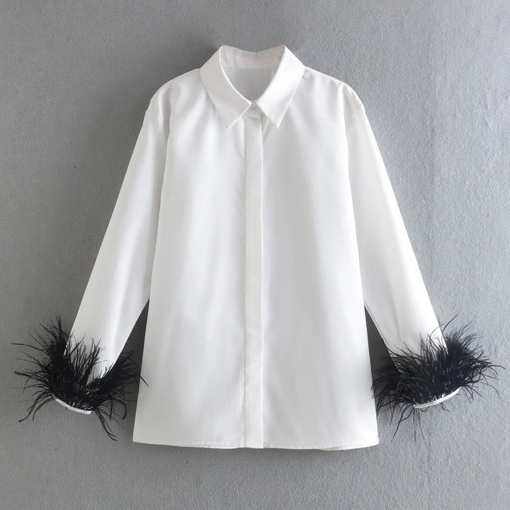 Damen Elegante Baumwollbluse mit Federbesatz an Manschetten und klassischem Hemdkragen Drune