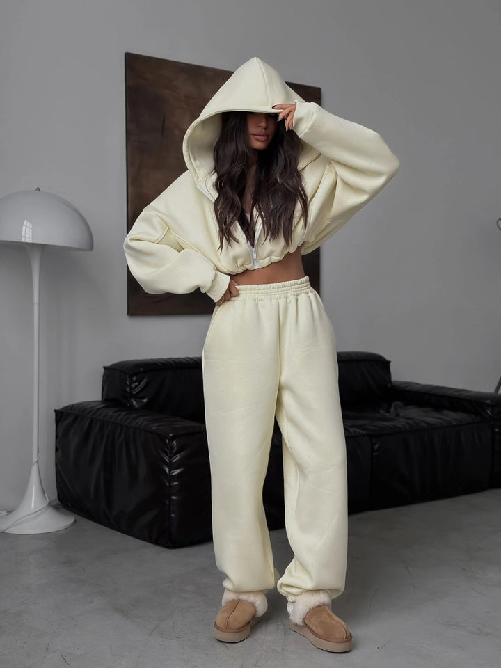 Damen kurzes Oversize-Scuba-Zip-Hoodie mit Tunnelzug und figurformender High-Waist-Jogginghose Drune