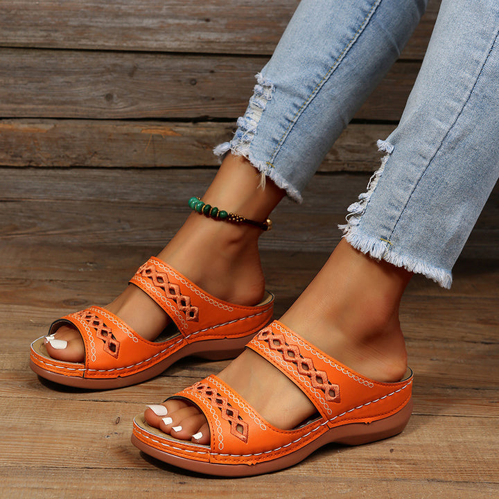 Damen Komfort-Sandalen mit doppeltem Riemen, Stickerei und gepolstertem Fußbett Drune