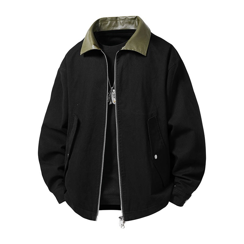 Herren leichte Oversize-Übergangsjacke mit Kontrastkragen aus Kunstleder und Zwei-Wege-Reißverschluss Drune