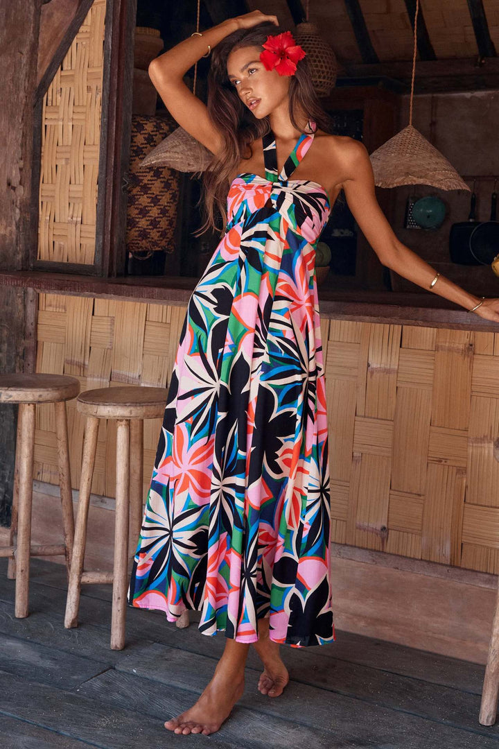 Damen Maxikleid mit trägerloser Rundum-Stretch-Ausschnittführung und floralem Druck Drune