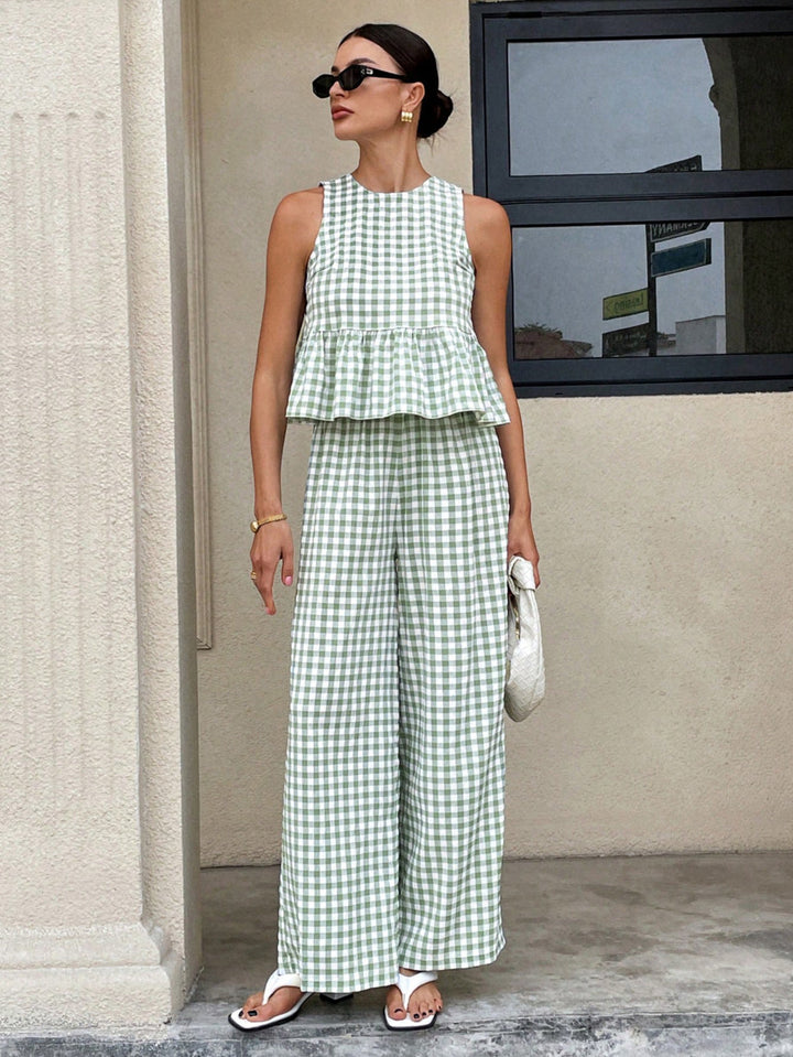 Damen Zweiteiliges Vichy-Karo-Set mit tailliertem Volanttop und weiter Palazzo-Hose Drune