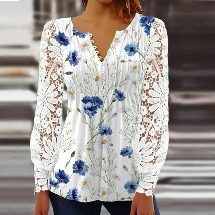 Damen Floral Viskosemischung Bluse mit Häkelärmel und V-Ausschnitt Drune
