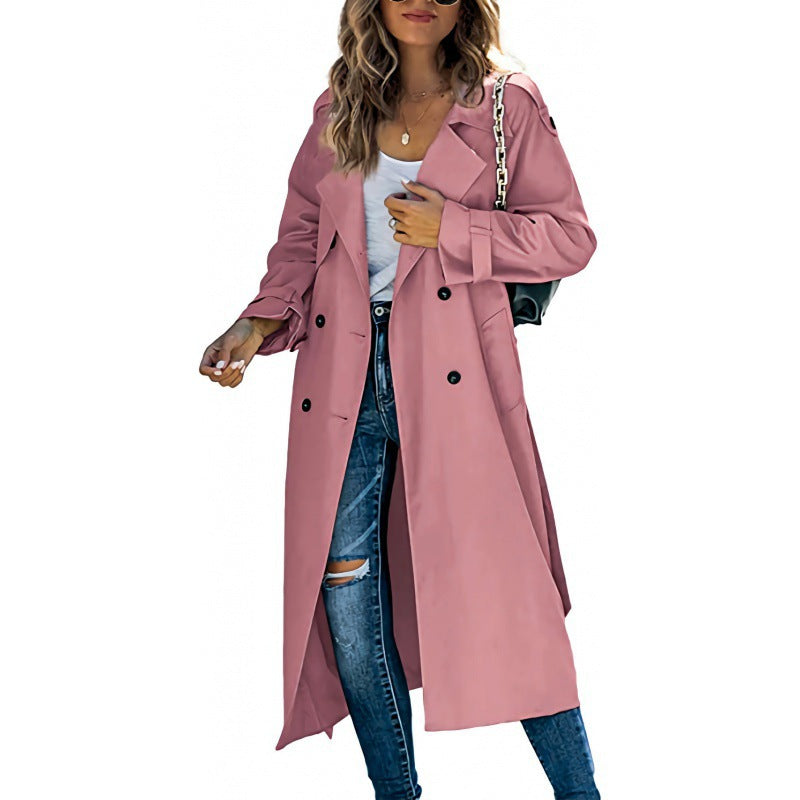 Damen eleganter Trenchcoat mit doppelt Reihe Knopfverschluss und Taillengürtel Drune