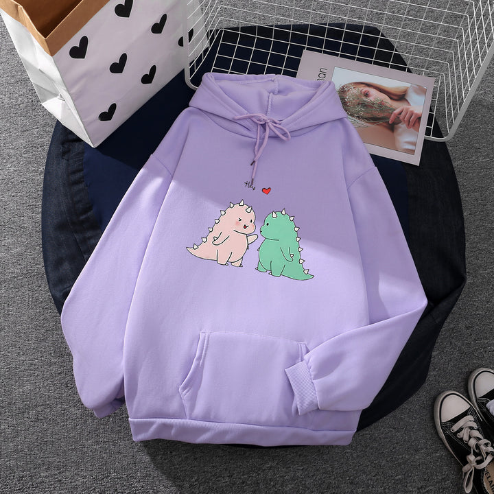 Damen nan Kapuzenpullover mit niedlicher Dinosaurierpärchen‑Illustration, Oversize‑Schnitt und Kängurutasche Drune