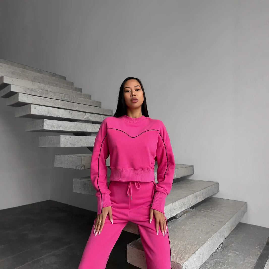 Damen kurzes Oversize-Sweatshirt mit Kordelzug-Jogginghose und Kontrastnähten Drune