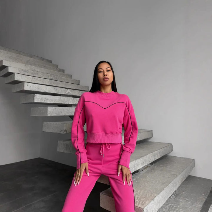 Damen kurzes Oversize-Sweatshirt mit Kordelzug-Jogginghose und Kontrastnähten Drune