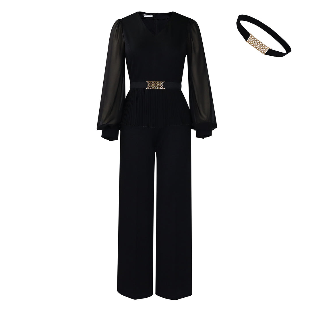 Damen Eleganter Plissee-Jumpsuit mit taillierter Passform und langen Ärmeln Drune