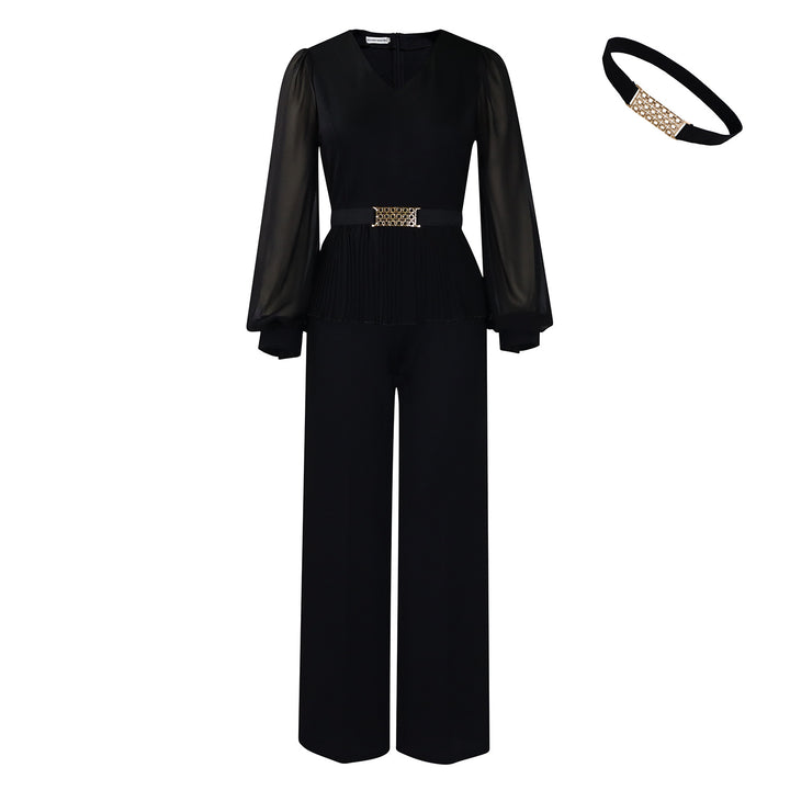 Damen Eleganter Plissee-Jumpsuit mit taillierter Passform und langen Ärmeln Drune