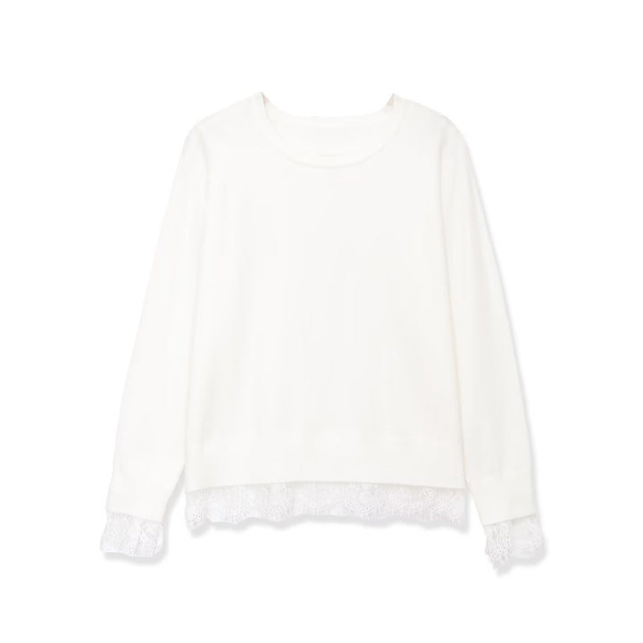 Damen Oversize Baumwollpullover mit Spitzenbesatz Drune