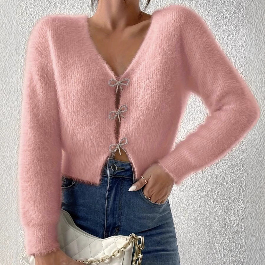 Damen Flauschiger Cropped-Cardigan mit V-Ausschnitt und Schleifen‑Verschlüssen Drune