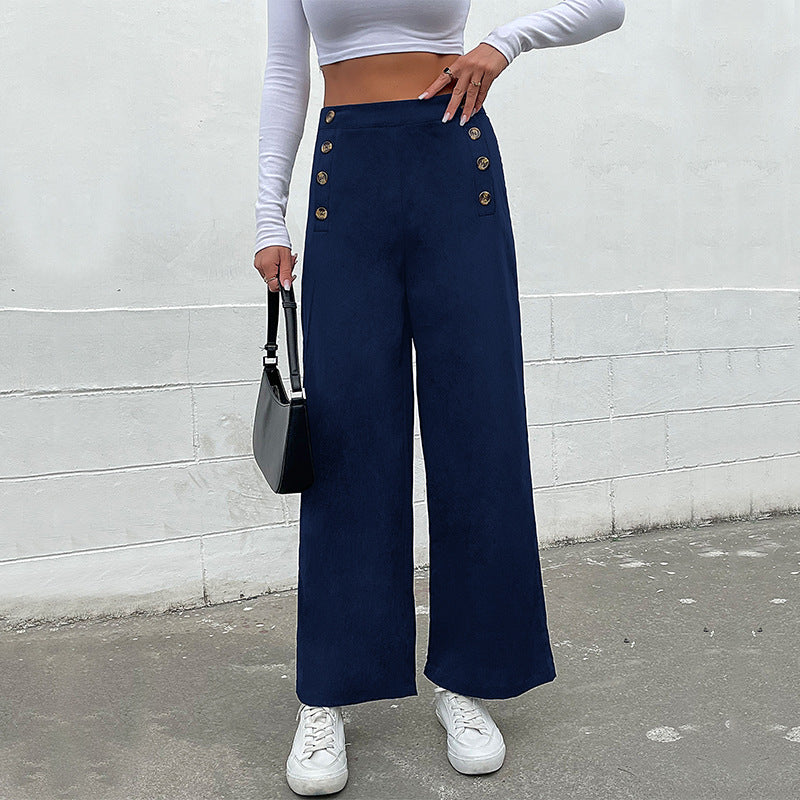 Damen High‑Waist Palazzo‑Hose mit maritim inspirierter Zierknopfleiste und weitem Bein Drune