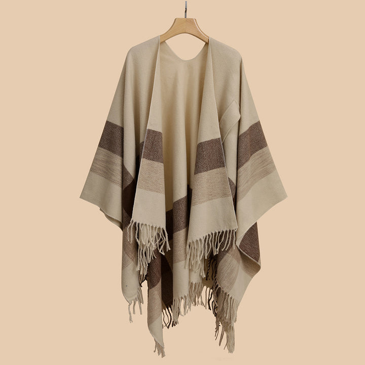 Damen Capeponcho aus Wollmix mit Ärmelschlitzen, offener Front und Fransenabschluss Drune