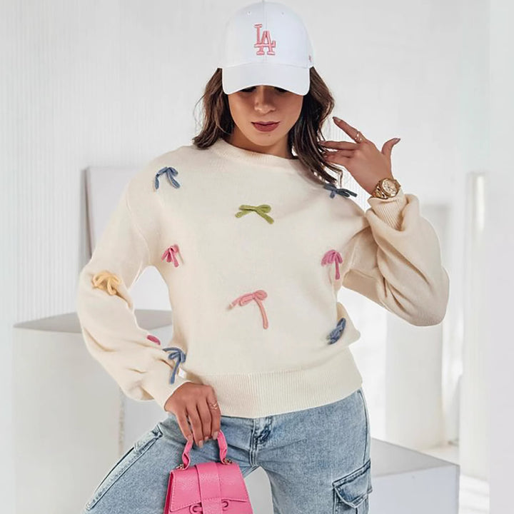 Damen Strickpullover mit verspielten Schleifenapplikationen und lässigem Schnitt Drune