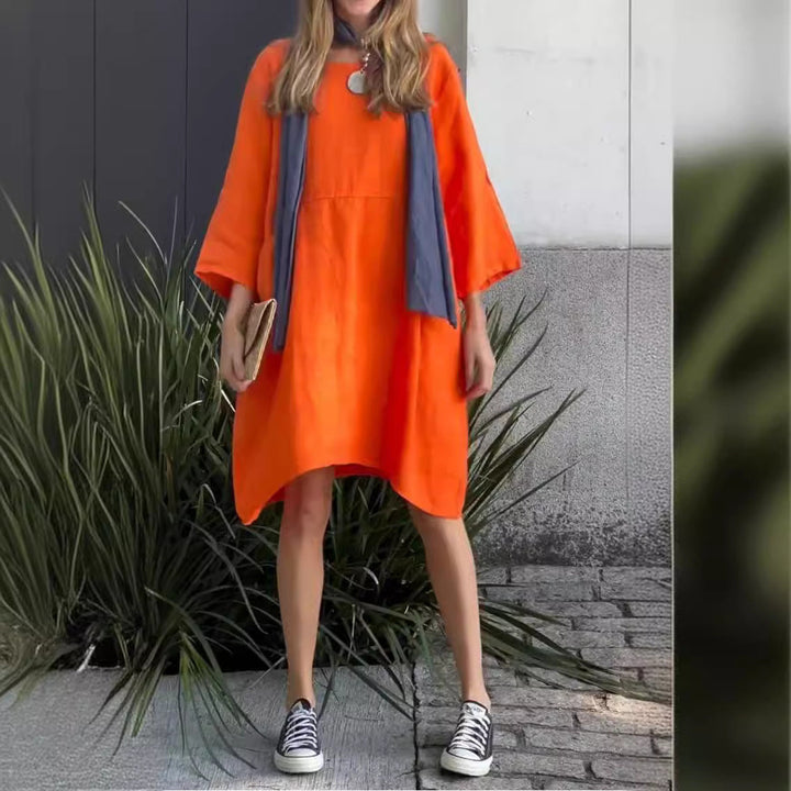 Damen lässiges Leinenkleid mit praktischen Taschen und asymmetrischem Saum Drune