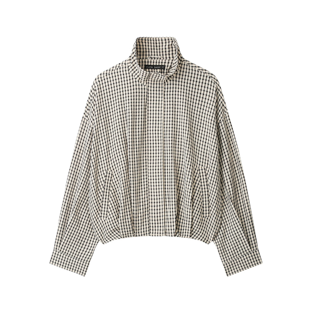 Damen Karo Cropped Oversized Jacke mit Funnelkragen und Tulpenform Drune