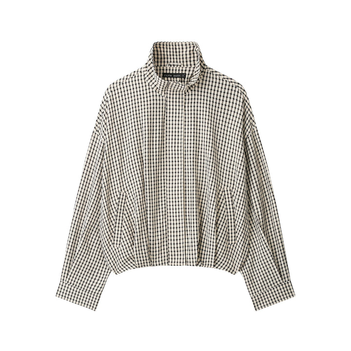 Damen Karo Cropped Oversized Jacke mit Funnelkragen und Tulpenform Drune