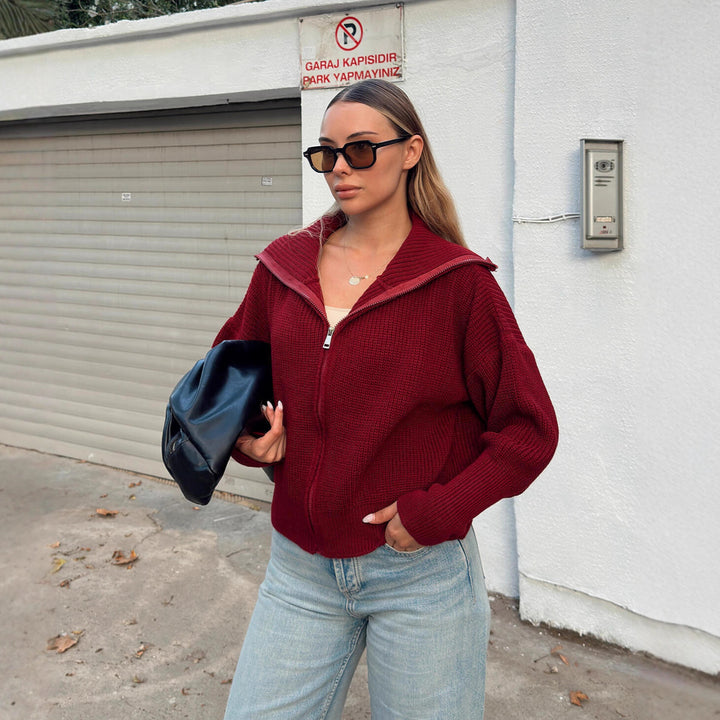Damen Oversized Strickjacke mit hohem Kragen und Reißverschluss Drune