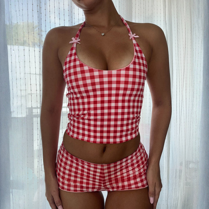 Damen Badeanzug Set mit kariertem Muster und verstellbaren Trägern Drune