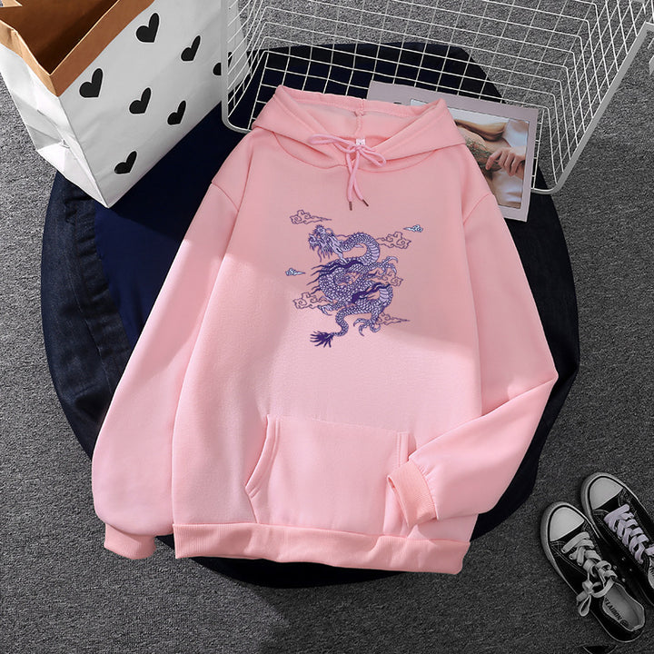 Unisex nan oversized Kapuzensweatshirt mit detailliertem Drachendruck, angerautem Fleece-Innenfutter und Känguru-Tasche Drune