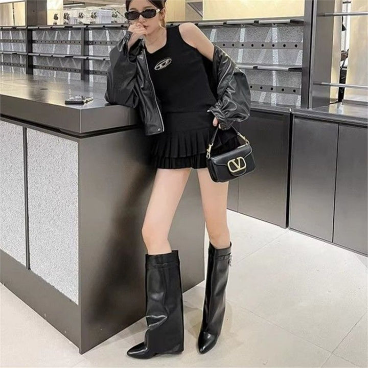 Damen Moderne kniehohe Stiefel mit verdecktem Keilabsatz und spitzer Zehenpartie Drune