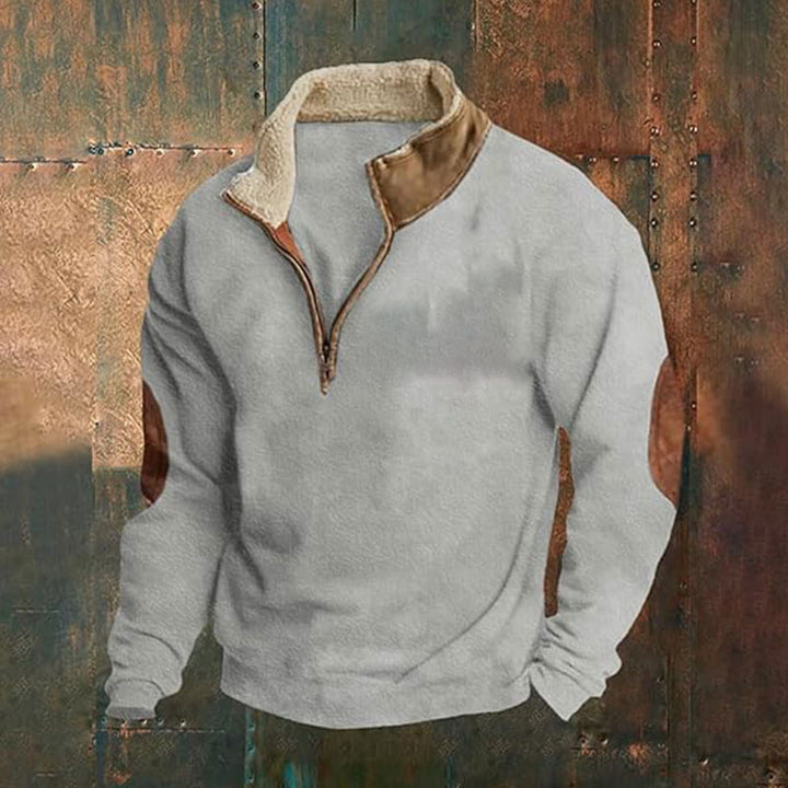 Herren Cord-Optik Halbzip-Pullover mit Teddykragen und Ellbogenbesatz Drune