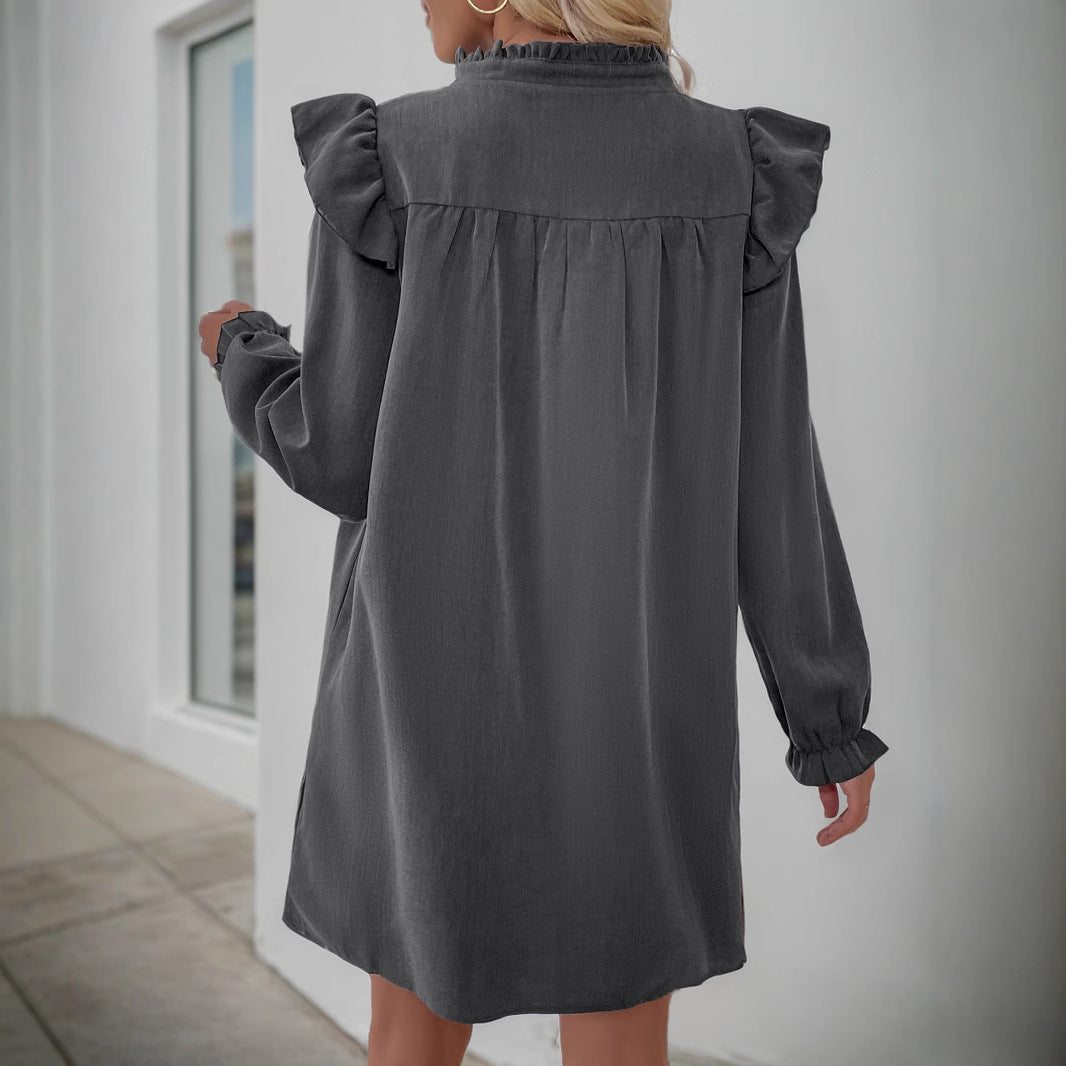 Damen Volant-Hemdkleid mit geraffter Passe, Stehkragen und elastischen Manschetten Drune