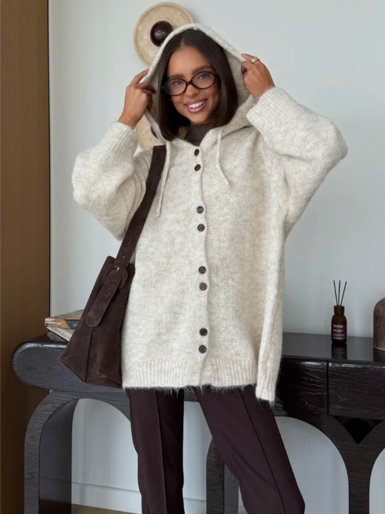 Damen Modische Strickjacke mit Kapuze Drune