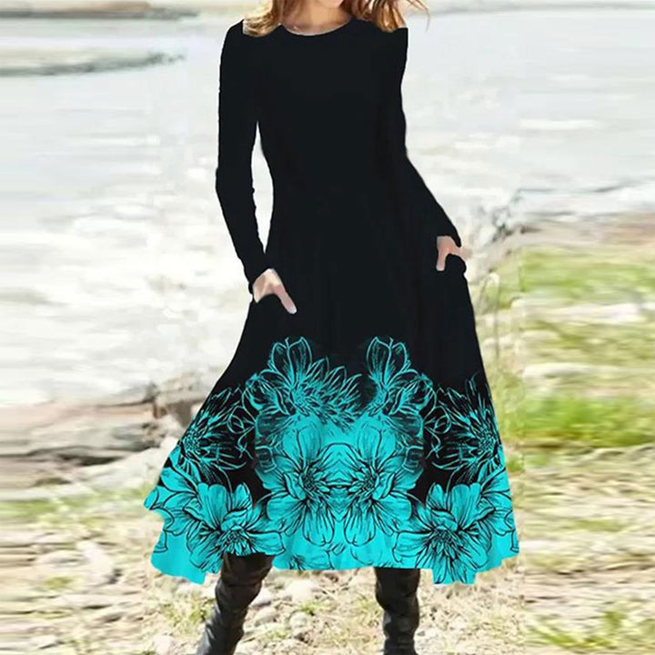 Damen nan fließendes Maxikleid mit Batikkreis-Muster, Rundhalsausschnitt, Taillennaht und Eingrifftaschen Drune
