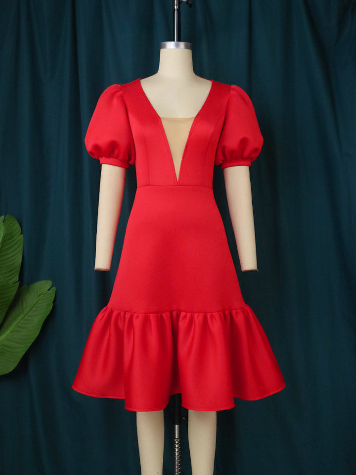 Damen elegantes Fit-and-Flare Kleid mit Puffärmeln Drune