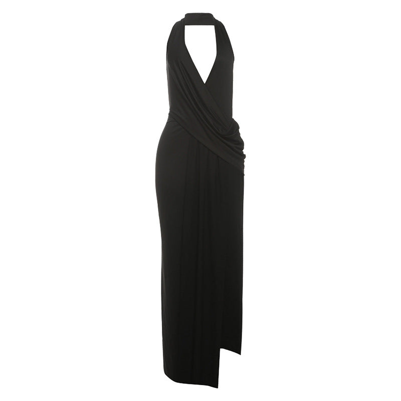 Damen elegantes Wickelkleid mit tiefem V-Ausschnitt und fließendem Stoff Drune